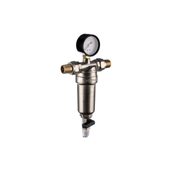 Фильтр с манометром самоочищающийся Гейзер-Бастион 7508165201 1/2" (латунный корпус, со сгонами) (32677) Фильтр с манометром самоочищающийся Гейзер-Бастион 7508165201 1/2" (латунный корпус, со сгонами) (32677)