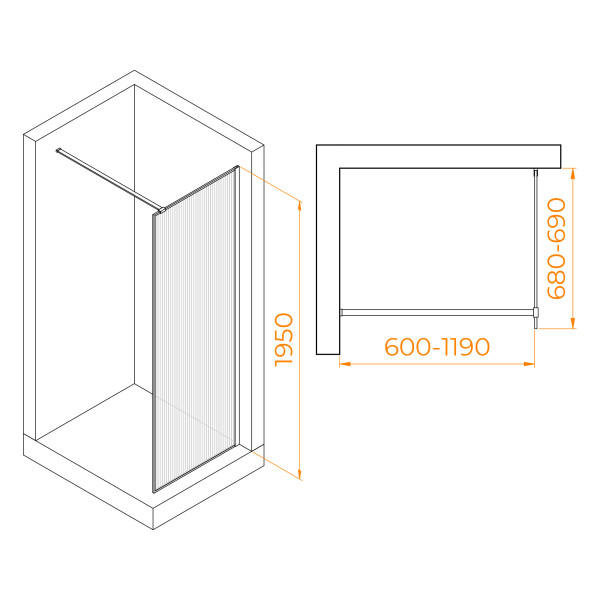 Душевое ограждение RGW Walk In 70x195 стекло Ribbed (ребристое), профиль черный (06100807-154)