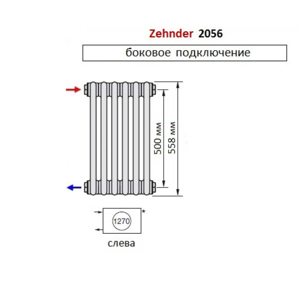 Радиатор стальной Zehnder 2056/22 №1270 22 секций 3/4" RAL 9016 подключение боковое, левое