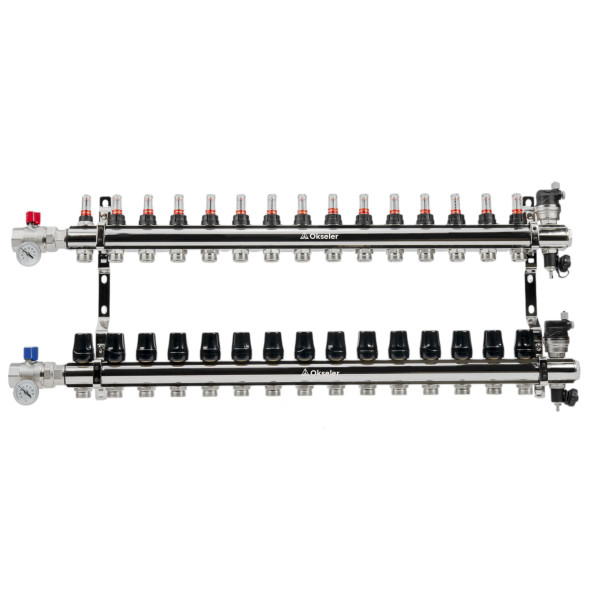 Коллекторная группа 15 отводов 1"*3/4"(18) ЕК с расходомерами Okseler (латунь) с автоматическими воздухоотводчикоми и шаровыми кранами с термометрами