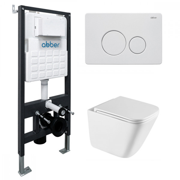 Комплект подвесной унитаз Abber Rechteck AC1219TC белый, с закрытым дном с инсталляцией AC0105 и кнопкой AC0121MW белая матовая (AC1219TC-AC0105-AC012