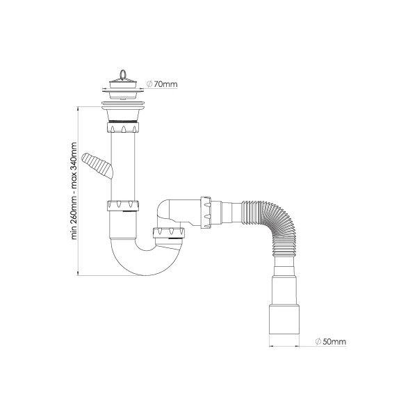 Сифон 40 мм. трубный Nova с выпуском 1 1/2"х70 мм., с 1-им отводом и гибкой трубой 1 1/2"х40/50 (1122)