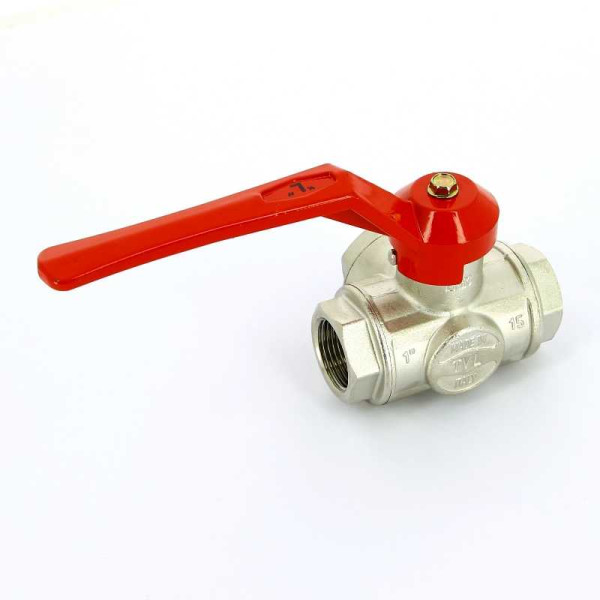 Кран Itap 1" шаровый трёхходовой L-порт (красная ручка-рычаг) (1280100L)