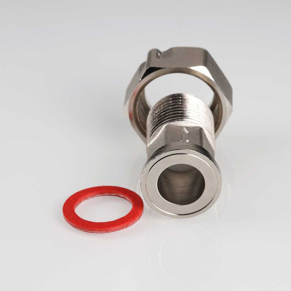 Сгон с накидной гайкой и обратным клапаном 1/2"*3/4" Valtec (никель) (VTr.612.N.0004) Сгон с накидной гайкой и обратным клапаном 1/2"*3/4" Valtec (никель) (VTr.612.N.0004)