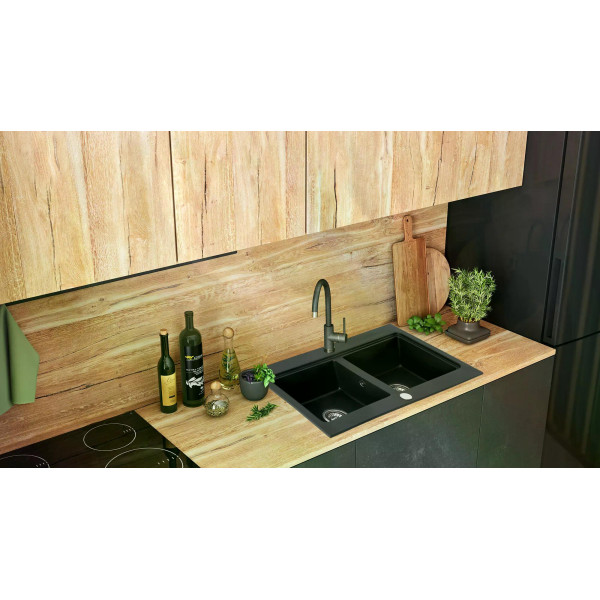 Мойка для кухни 2 чаши Rea caddy black гранит 80x46,5x19,5 черная (ZLE-00132)