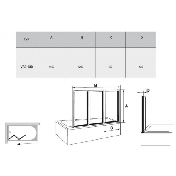 Душевая шторка на ванну Ravak Supernova VS3-130 130х140 полистирол rain, профиль белый (795V010041)
