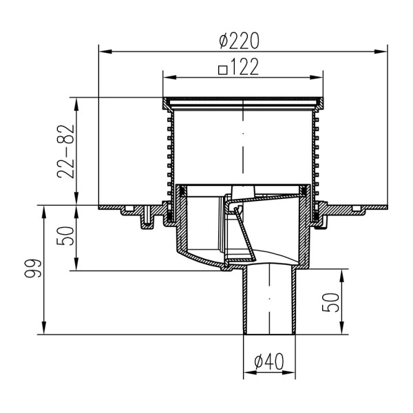 Трап MCH с нижним сливом универсальный DN40 решетка нерж. 122x122 (г/з+с/з)