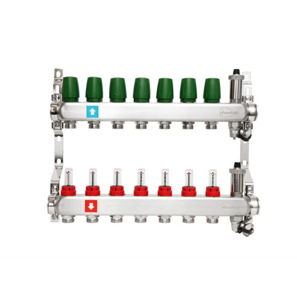 Коллекторная группа 7 отводов 1"х3/4" Arrowhead с расходомерами, дренажом и воздухоотводчиком нерж.сталь (CS-550-07)