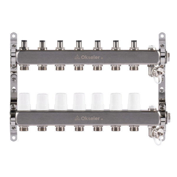Коллекторная группа 7 отводов 1"*3/4"(18) ЕК с регулировочными клапанами Okseler (нерж.ст) с дренажным краном и краном Маевского (Oks00306)