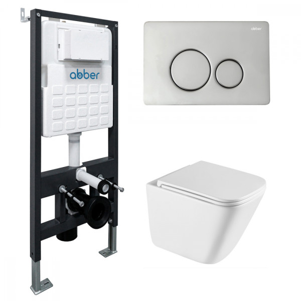 Комплект подвесной унитаз Abber Rechteck AC1219TC белый, с закрытым дном с инсталляцией AC0105 и кнопкой AC0121 хром глянцевый (AC1219TC-AC0105-AC0121