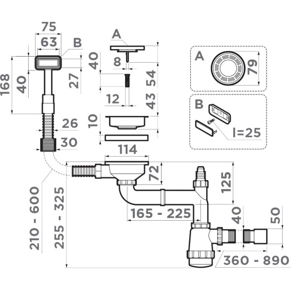 Сифон для одночашевых моек Omoikiri с прямоугольным переливом и декоративной решеткой WK-1-LG светлое золото (4956824)