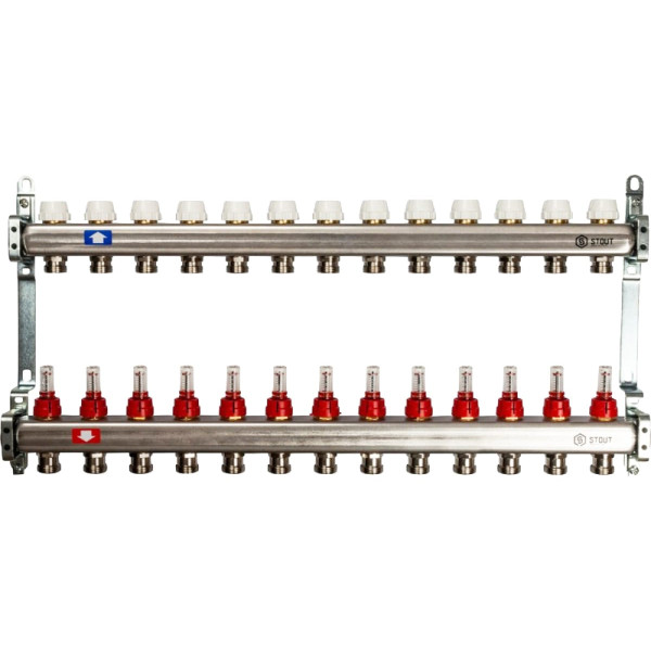 Коллекторная группа 13 отводов 1"x3/4"(18)EK без расходомеров Stout (нерж.сталь) (SMS-0922-000013)