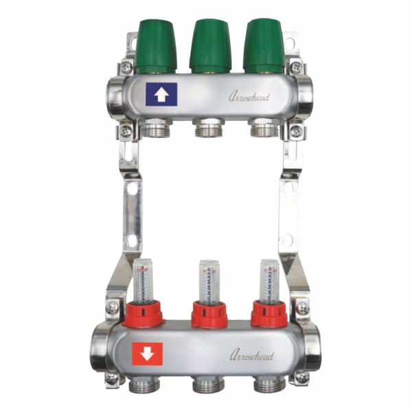 Коллекторная группа 3 отвода 1"х3/4"(евроконус) Arrowhead с расходомерами (нерж.сталь) (CS-500-03)