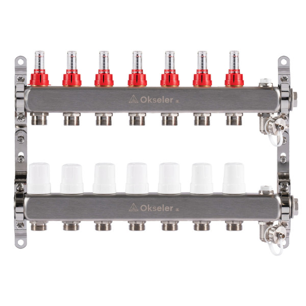 Коллекторная группа 7 отводов 1"*3/4"(18) ЕК с расходомерами Okseler (нерж.ст) с дренажным краном и краном Маевского (Oks00317)