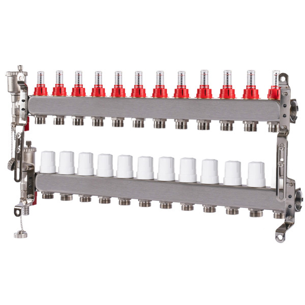Коллекторная группа 12 отводов 1"*3/4"(18) ЕК с расходомерами Okseler (нерж.ст) с автоматическим воздухоотводчиком и спускным краном (Oks00350)