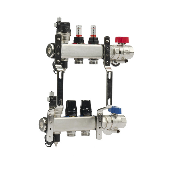 Коллекторная группа 2 отвода 1"*3/4"(18) ЕК с расходомерами Okseler (нерж.ст) с автоматическими воздухоотводчикоми и шаровыми кранами с термометрами (