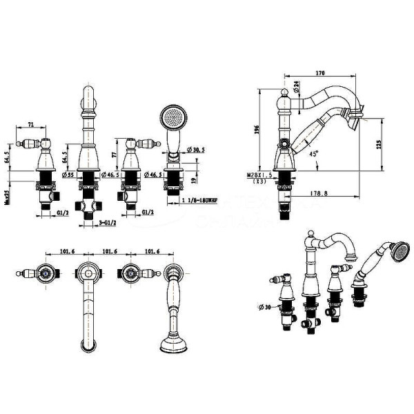 Смеситель на борт ванны Boheme Royal Cristal золотой с душевым комплектом (395-Royal/CRST)