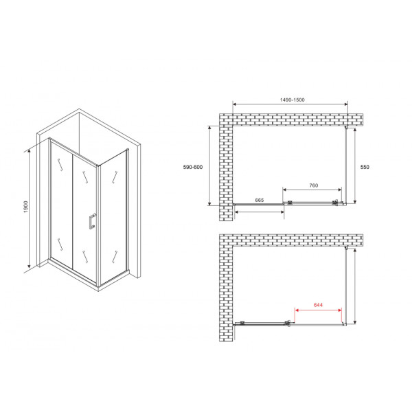 Душевой уголок Abber Schwarzer Diamant 60x60x190 стекло прозрачное, профиль хром (AG301505-S605)