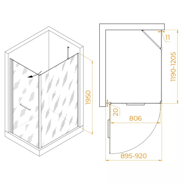 Душевой уголок RGW Passage PA-148B (PA-103B + Z-050-2B + O-104B) 90x120x195 стекло прозрачное, профиль черный (020814892-014)