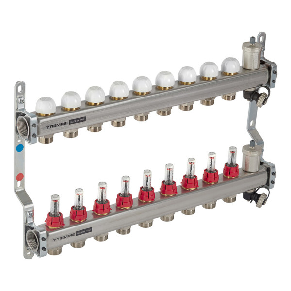 Коллекторная группа Tiemme 9 отводов 1"-3/4" НР ЕК M30х1,5 мм. с расходомерами (нерж.ст) (3920135)