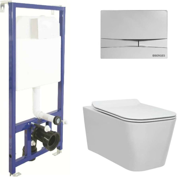 Комплект инсталляция с унитазом Berges Novum525 c с кнопкой F3 хром глянец, унитаз FLOE Rimless, сиденье Floe Slim SO (043223)