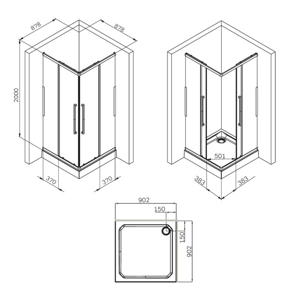 Душевой уголок AM.PM Func Square Slide 90х90 стекло прозрачное, профиль черный (W84G-403-9090-BT)