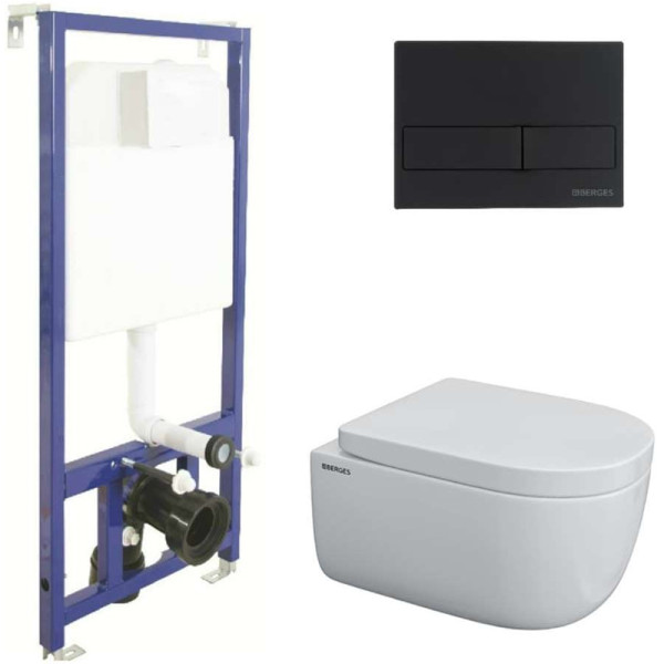 Комплект инсталляция с унитазом Berges Novum525 c с кнопкой L5 SoftTouch черная, унитаз EGO Rimless 49см, сиденье Toma SO (043232)