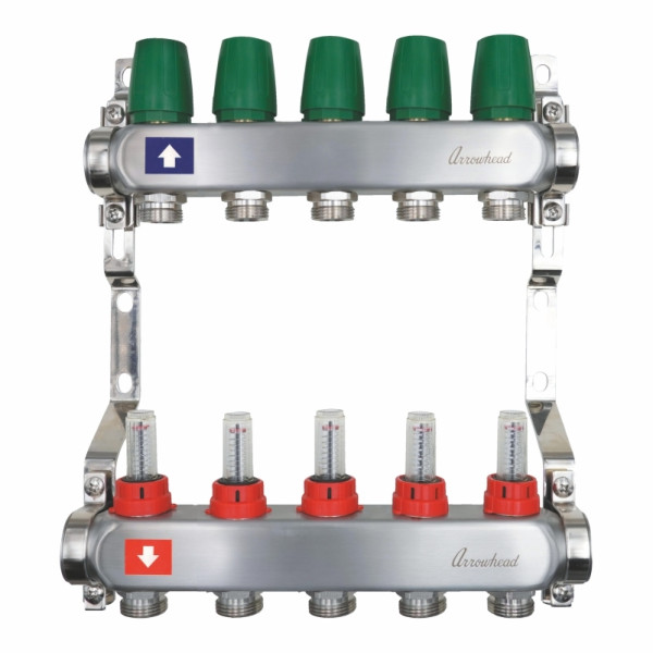 Коллекторная группа 5 отводов 1"х3/4"(евроконус) Arrowhead с расходомерами (нерж.сталь) (CS-500-05)