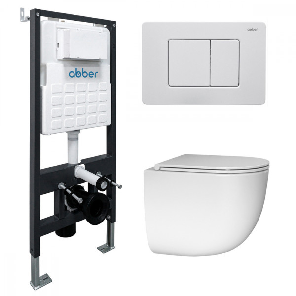 Комплект подвесной унитаз Abber Bequem AC1132TC белый, с закрытым дном с инсталляцией AC0105 и кнопкой AC0120MW белая матовая (AC1132TC-AC0105-AC0120M