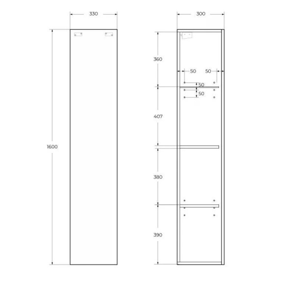 Шкаф подвесной Cezares Kraft 330x300x1600 с фрезерованной ручкой с торца фасада с одной распашными дверцей доводчиками с двумя полками голубой матовый