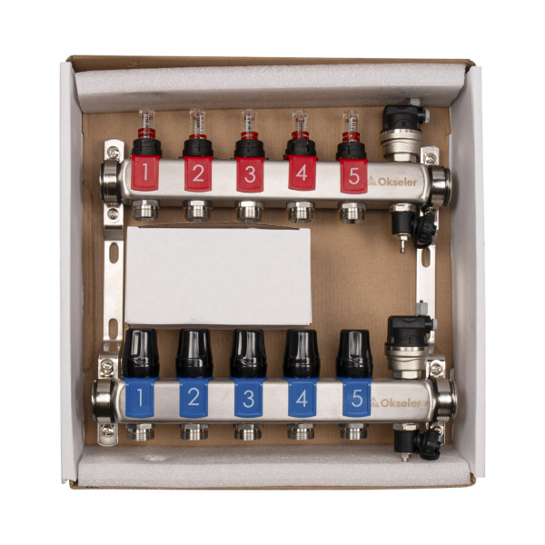 Коллекторная группа 5 отводов 1"*3/4"(18) ЕК с расходомерами Okseler (нерж.ст) с автоматическими воздухоотводчикоми и шаровыми кранами с термометрами