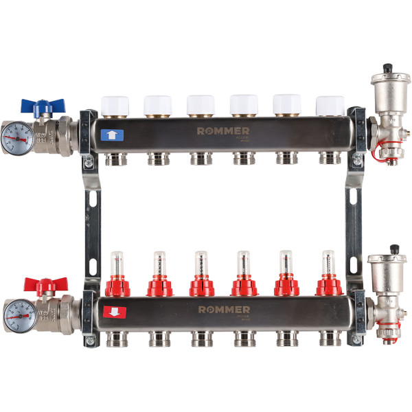 Коллекторная группа Rommer 6 отводов 1"x3/4" в сборе с расходомерами (нерж.сталь) (RMS-1210-000006)