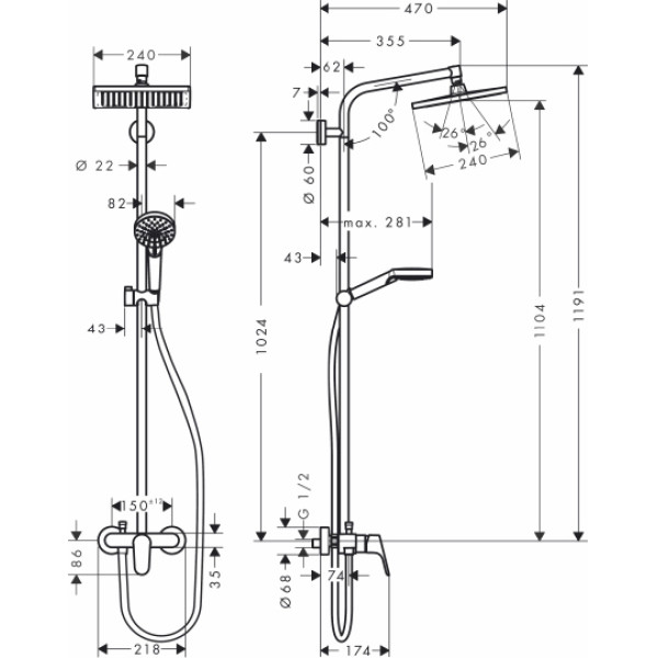 Система душевая Hansgrohe Crometta E Showerpipe 240 (27284000)