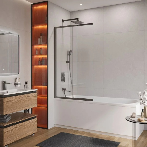 Душевая шторка для ванны Cezares Slider 90x7x150 стекло прозрачное, профиль оружейная сталь (SLIDER-FIX-VF-11-90/150-C-GM)