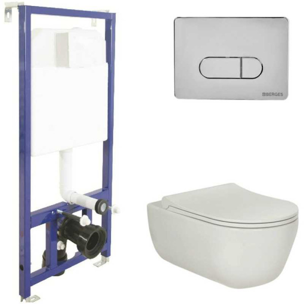 Комплект инсталляция с унитазом Berges: инсталляция NOVUM525, кнопка D3 хром глянец, унитаз EGO XL Rimless, сидение дюропласт Toma Slim SO, ми