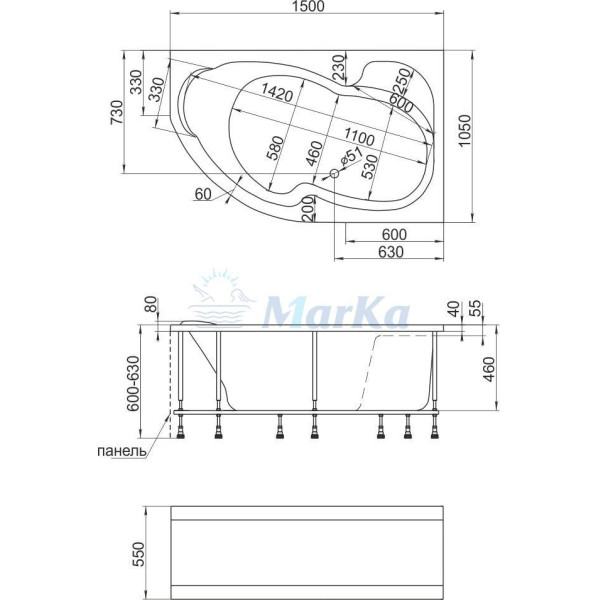 Ванна акриловая Marka One Aura 150х105 R без гидромассажа