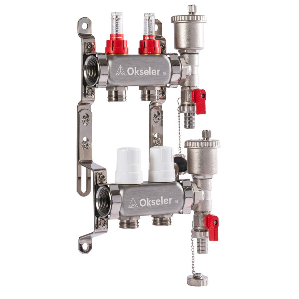Коллекторная группа 2 отвода 1"*3/4"(18) ЕК с расходомерами Okseler (нерж.ст) с автоматическим воздухоотводчиком и спускным краном (Oks00340)