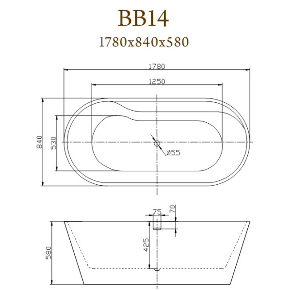 Ванна акриловая отдельно стоящая BelBagno 178x84 (BB14)