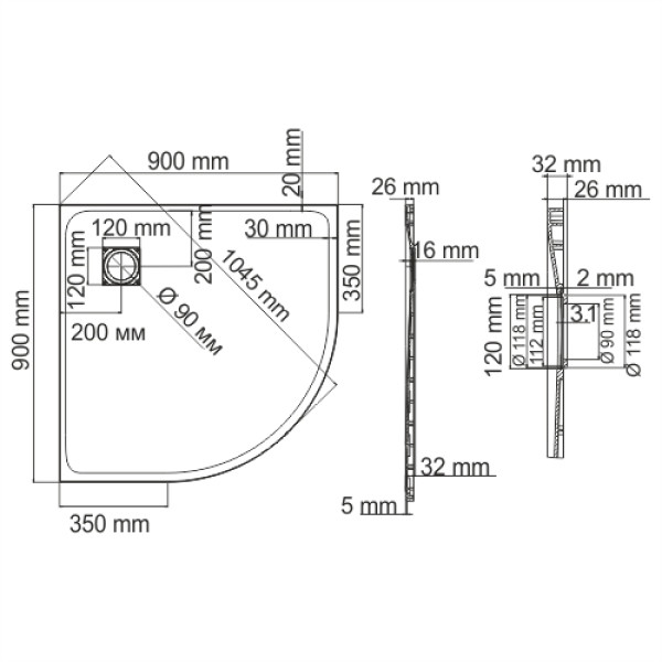 Душевой поддон WasserKraft Elbe 90*90*26 черный (74T01)