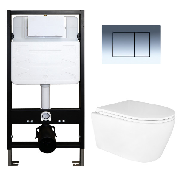 Инсталляция для подвесного унитаза Azario Forte+подвесной унитаз Azario UNO +клавиша Azario Forte, хром глянцевый (AZ-100-100F+AZ-2380+AZ-100-020F)