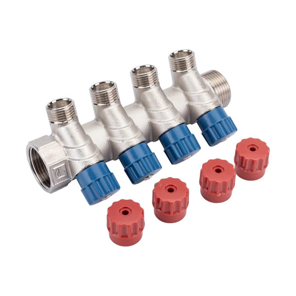 Коллектор 4 отв. регулируемый 1"*1/2"Н Valtec (никель, с комплектом ручек) (VTc.560.N.0604) Коллектор 4 отв. регулируемый 1"*1/2"Н Valtec (никель, с комплектом ручек) (VTc.560.N.0604)