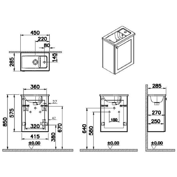 ТУмба подвесная Vitra Root Classic 45 см с квадратной раковиной, с дверцей, матовый темно-синий, правосторонняя (68615)