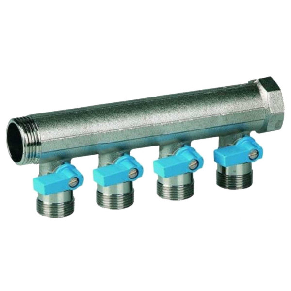 Коллектор 4 отв. с шаровыми кранами 3/4"х3/4"НР под евроконус, Henco синие ручки (VB050504-BLAUW)