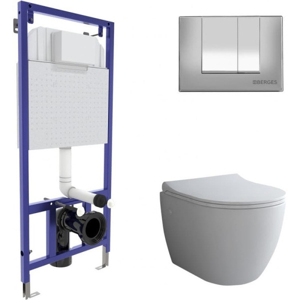 Комплект инсталляция с унитазом Berges Novum c с кнопкой S3 хром глянец, унитаз OKUS, сиденье Toma Slim SO (043267)