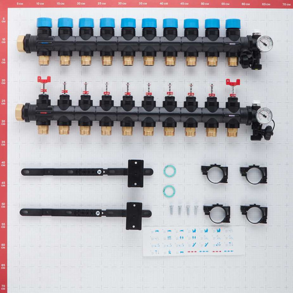 Коллекторная группа 10 отводов 1" с расходомерами и термометрами Henco (композит) (UFH-0605MDK10-03L)