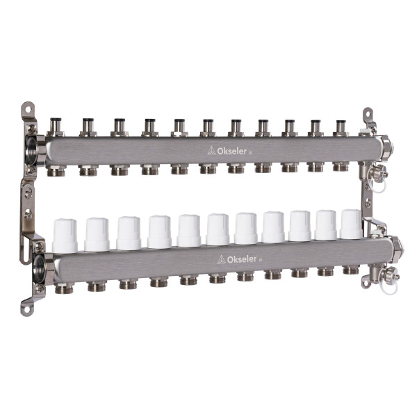 Коллекторная группа 11 отводов 1"*3/4"(18) ЕК с регулировочными клапанами Okseler (нерж.ст) с дренажным краном и краном Маевского (Oks00310)