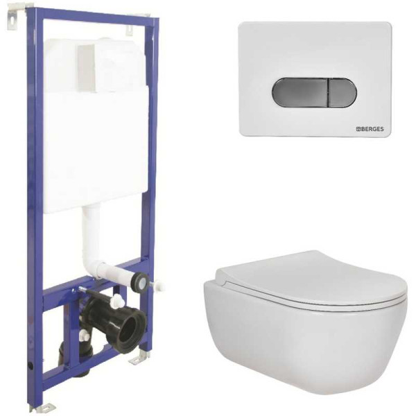 Комплект инсталляция с унитазом Berges: инсталляция NOVUM525, кнопка D7 белая/кнопка хром, унитаз EGO Rimless, сидение дюропласт Toma Slim SO,