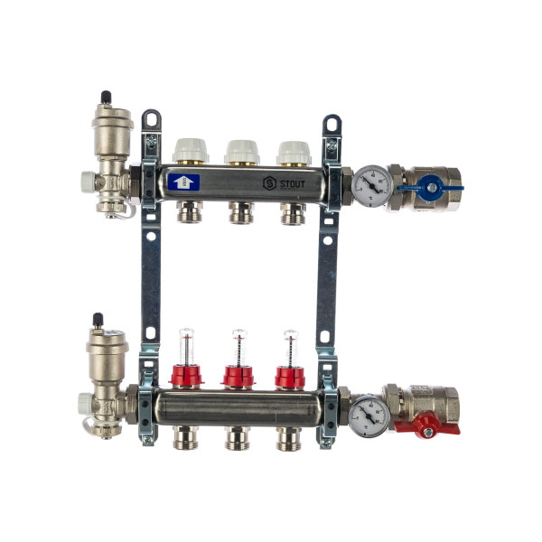 Коллекторная группа 3 отвода 1"x3/4"(18)EK в сборе с расходомерами Stout (нерж.сталь) (SMS-0907-000003)