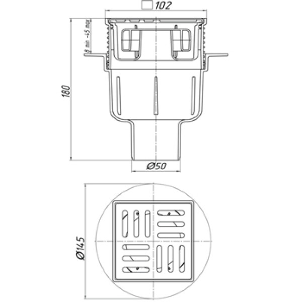 Трап вертикальный 50 мм. (100*100) АНИ регулируемый, с сухим затвором (решетка нерж.ст.) АНИ пласт (TQ5702)