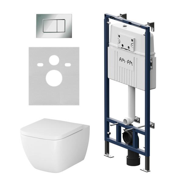 Комплект инсталляция с унитазом AM.PM MasterFit с клавишей S глянц хром c унитазом Gem FlashClean с сид (IS100251.901701)